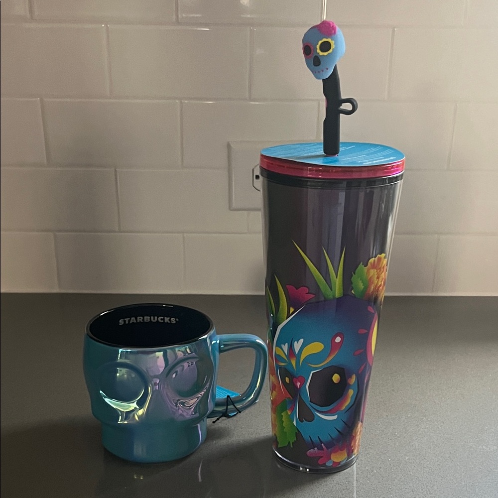 NWT Starbucks Bundle TWO Items Blue Skull Tumbler and Skull Mug Halloween